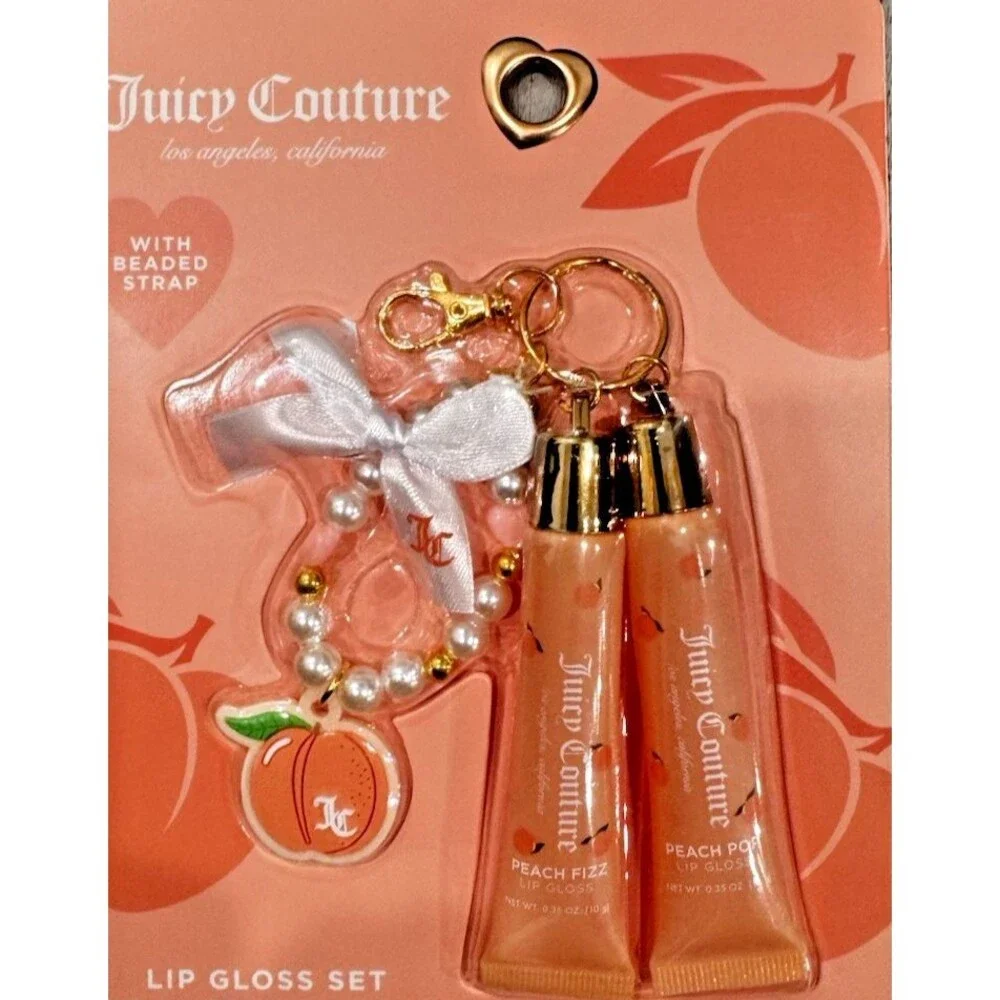 Juicy Couture Peach Liquid Lip Gloss Set Shine Effect w/ Beaded Strap Charm
